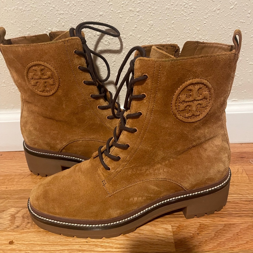TORY BURCH Miller embossed suede combat boots